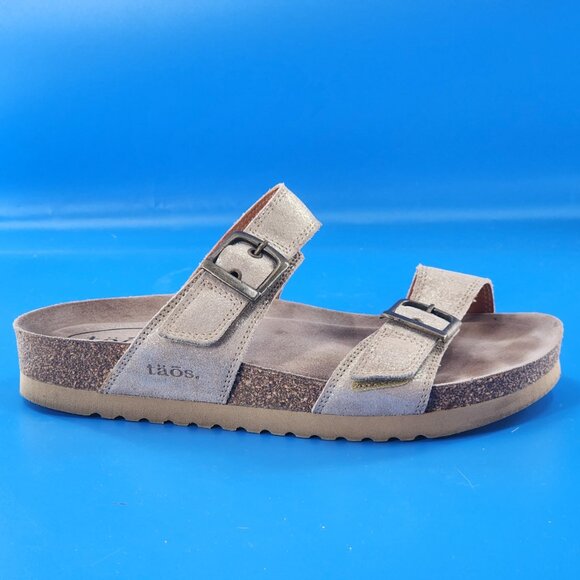 TAOS Maximo Silver 2-Strap Adjustable Leather Slide Sandals - Picture 1 of 5